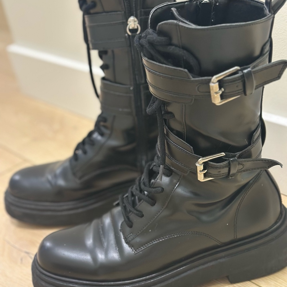 Zara Black Leather Combat Boots Tall Lace-Up Buckle Biker Style EU 39